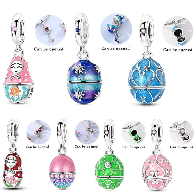 

925 Sterling Silver Charms Beads Matryoshka Easter Egg Pendants Fit Women Girls Original Bracelet DIY Gifts