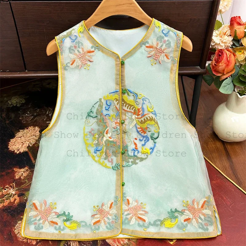 

Vintage Chinese Style Vest Top Embroider Flower Tang Clothing Women Fashion Hanfu Costume Sleeveless Vest Qipao Jacket Shirt