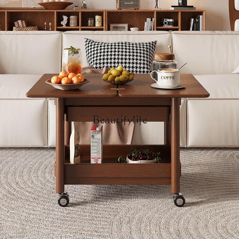 

LJY*Medieval solid wood multi-functional coffee table folding telescopic mobile trolley