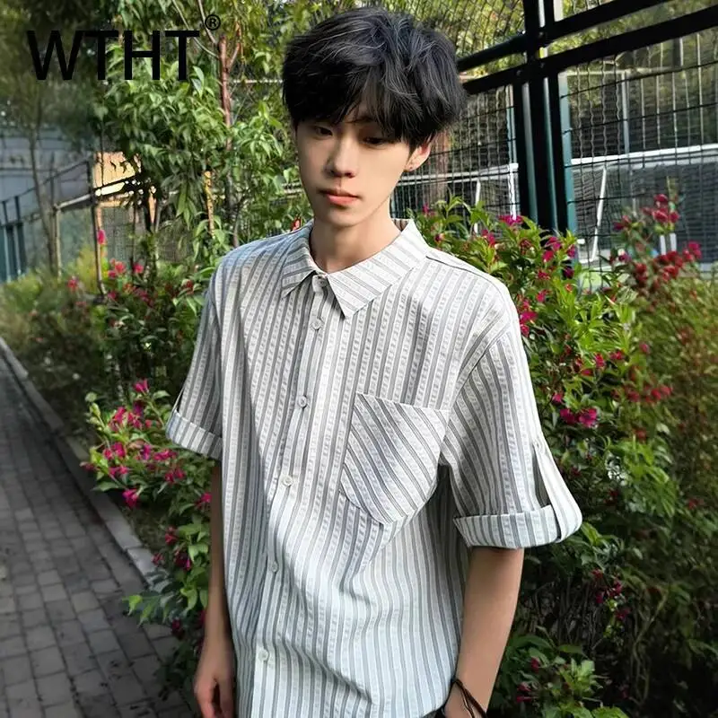 WTHT Fashion 2026 Summer Men's Striped Loose Pockets T-shirts Trendy Short Sleeves Lapel Single Breasted Shirts Male 2A2890