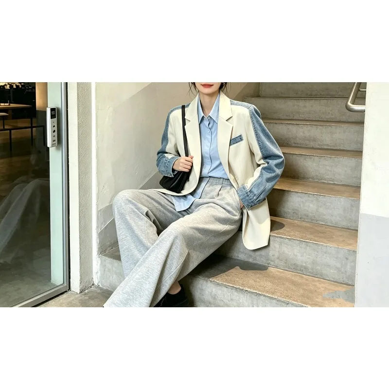 SuperAen Denim Patchwork Korean Style Blazer for Women Spring and Autumn 2026 New Elegant Notched Long-sleeved Loose Suit