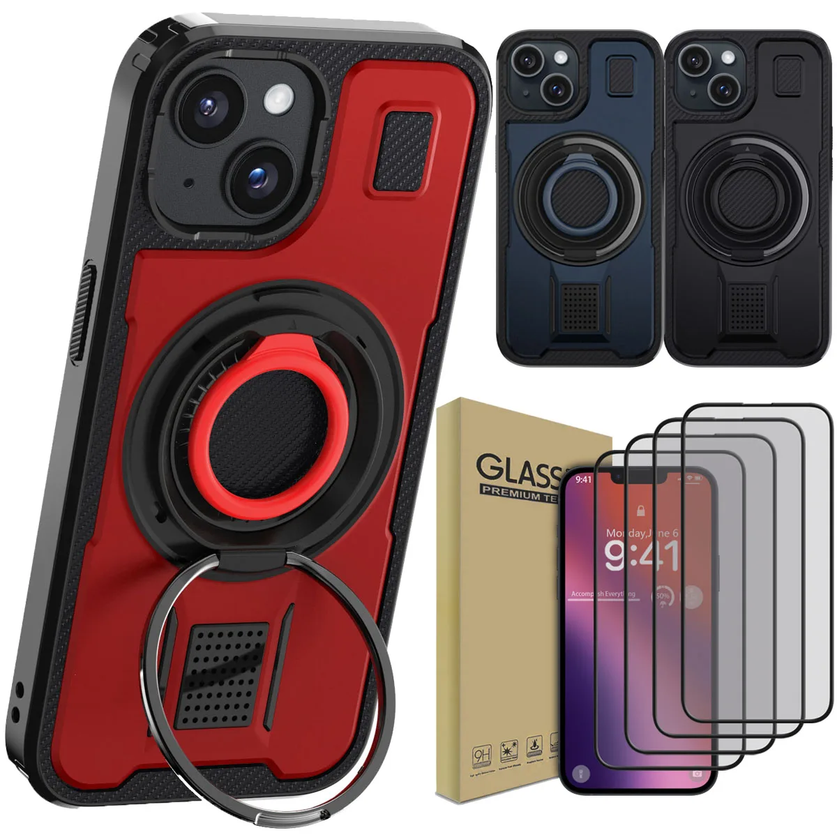 

Чехол для телефона iPhone 13/13 Pro/13 Pro Max, противоударный чехол с подставкой и 4 шт., защитные пленки из закаленного стекла с полным покрытием