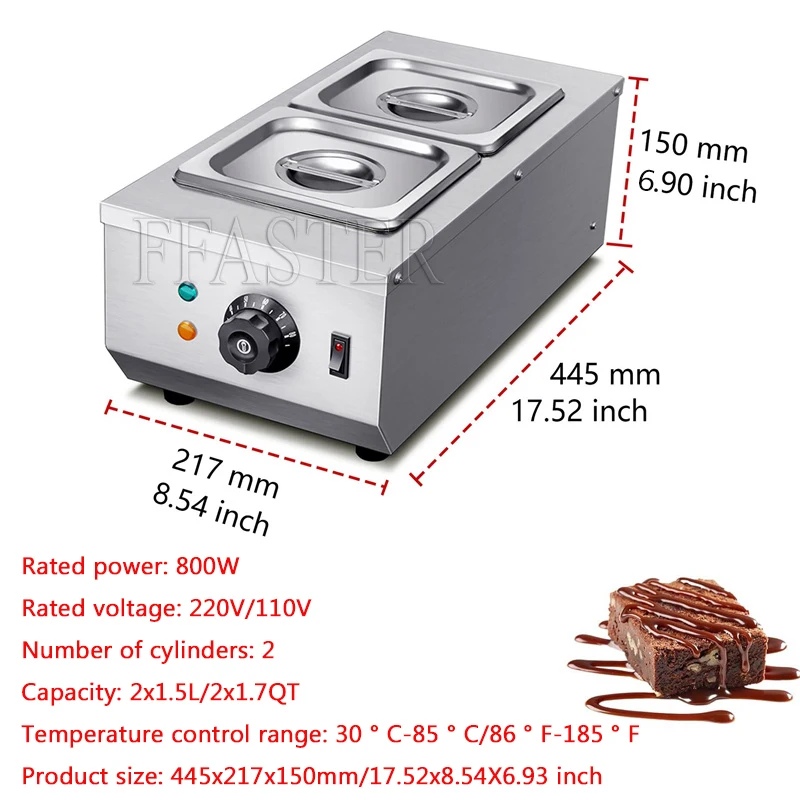 เครื่องอุ่นช็อกโกแลตไฟฟ้า2-POT เครื่องอุ่นอาหารแบบมืออาชีพให้ความร้อนในเชิงพาณิชย์