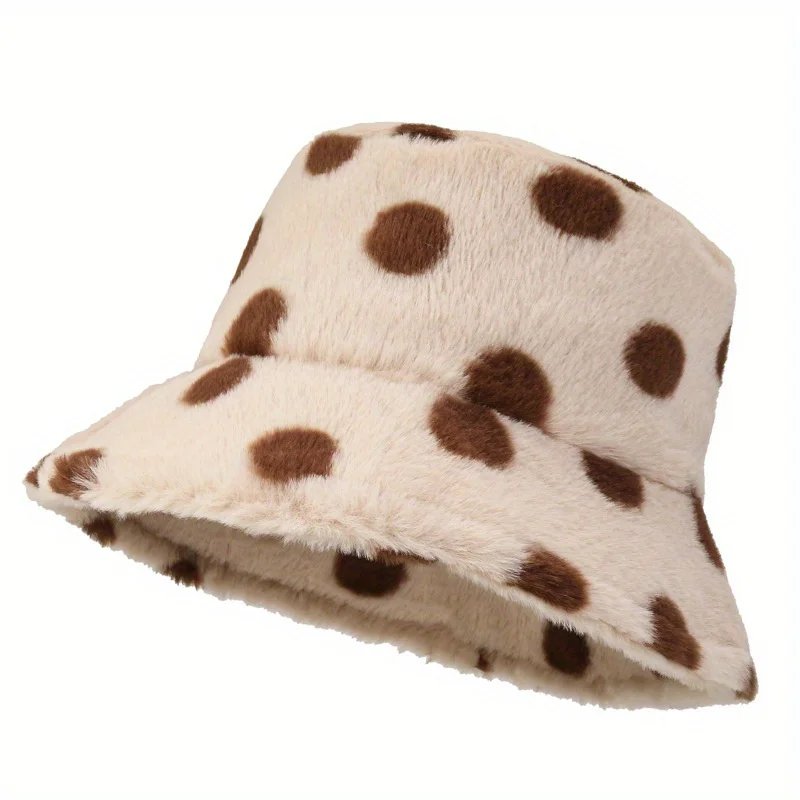 

Polka Dot Plush Bucket Hat for Women Winter Warm Thickened Fisherman Hat Korean Style Daily Casual Wide Brim Bonnet Ladies