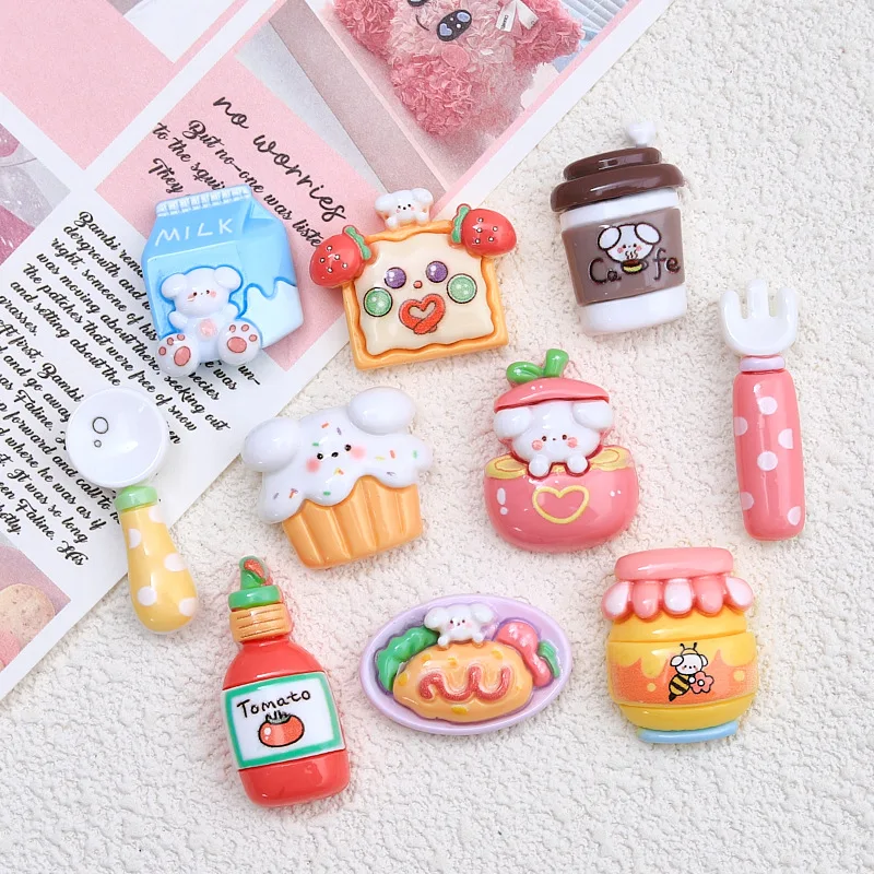 10Pcs Cartoon Dog Cake Ketchup Coffee Resin Flatback Cabochon Scrapbooking For Phone Decoration Crafts DIY Dollhouse Accessories