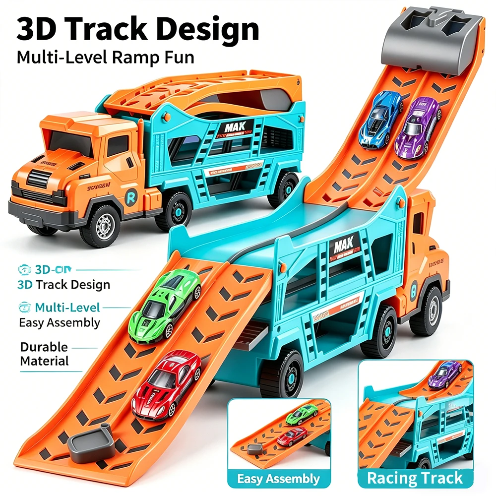 

Dual Launching Race Track Truck Toy, Transport Carrier with 6 Alloy Cars, Portable Playset for Indoor & Outdoor Racing Fun