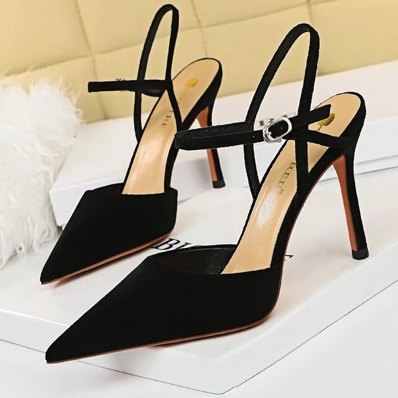 BIGTREE Shoes Suede Women Sandals Pointed Toe High Heels Women Shoes Summer Hollow Out High-heeled Sandals Buckle Stiletto Pumps