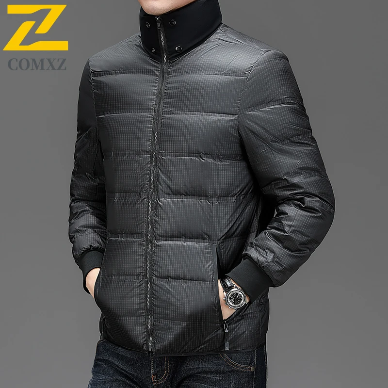 COMXZ Luxury Men Down Jacket New High-quality Goose Down Work Lightweight Puffer Jacket Detachable Hood Travel Warm Winter Coats