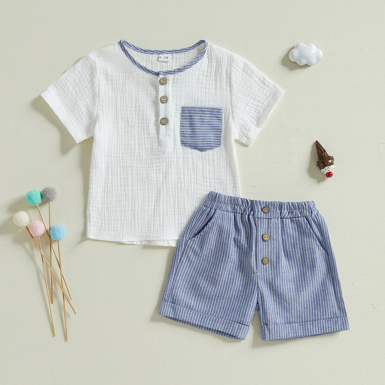 Infant Boys T-shirt with Striped Shorts Shorts 2pcs Clothing Set Casual Short Sleeve Linen Tracksuits Children Summer Outfit