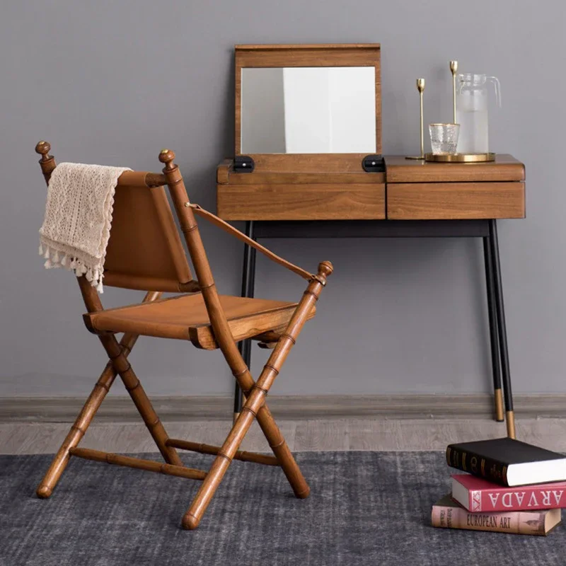 Folding leather balcony leisure chair solid wood desk chair