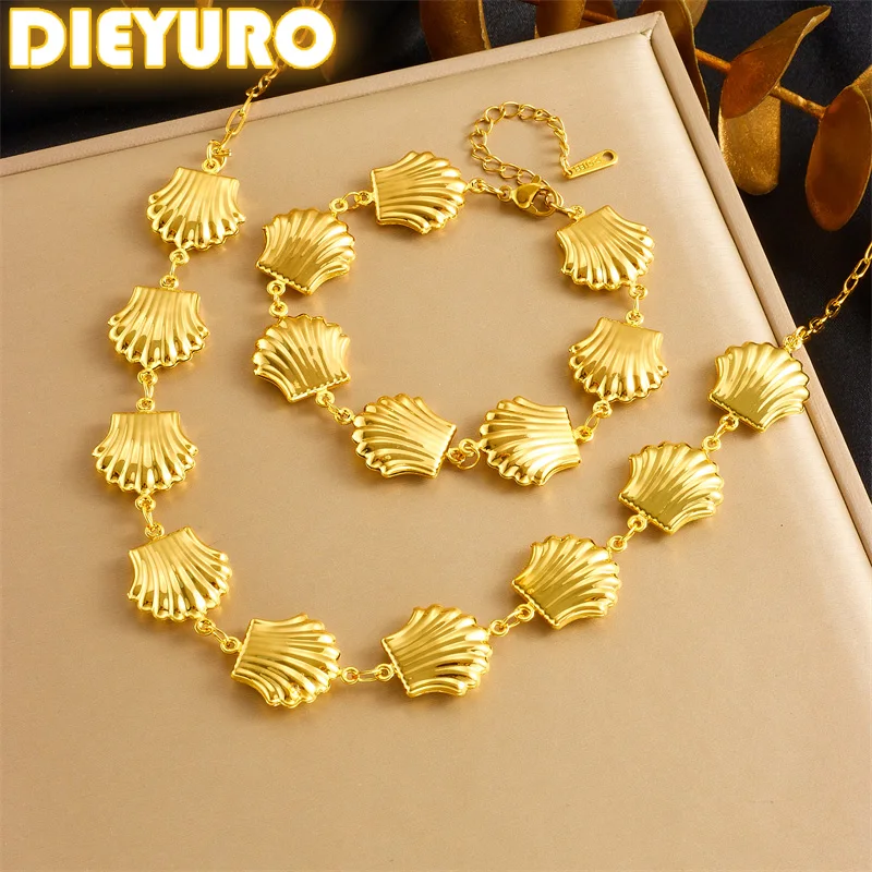 DIEYURO 316L Stainless Steel Stylish Golden Hollow Scallop Shell Necklace Bracelet Set For Women Hip Hop Trend Jewelry Sets Gift