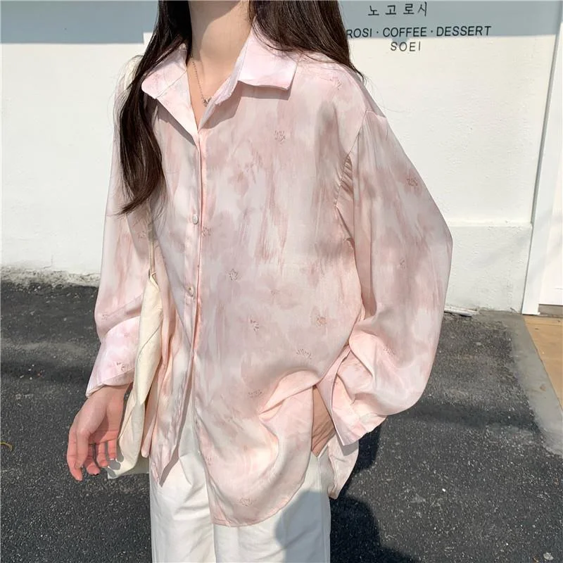 Gradient Pink Tie-dye Lapel Shirt 2025 New Style Stitching POLO Collar Button Long-sleeved Top