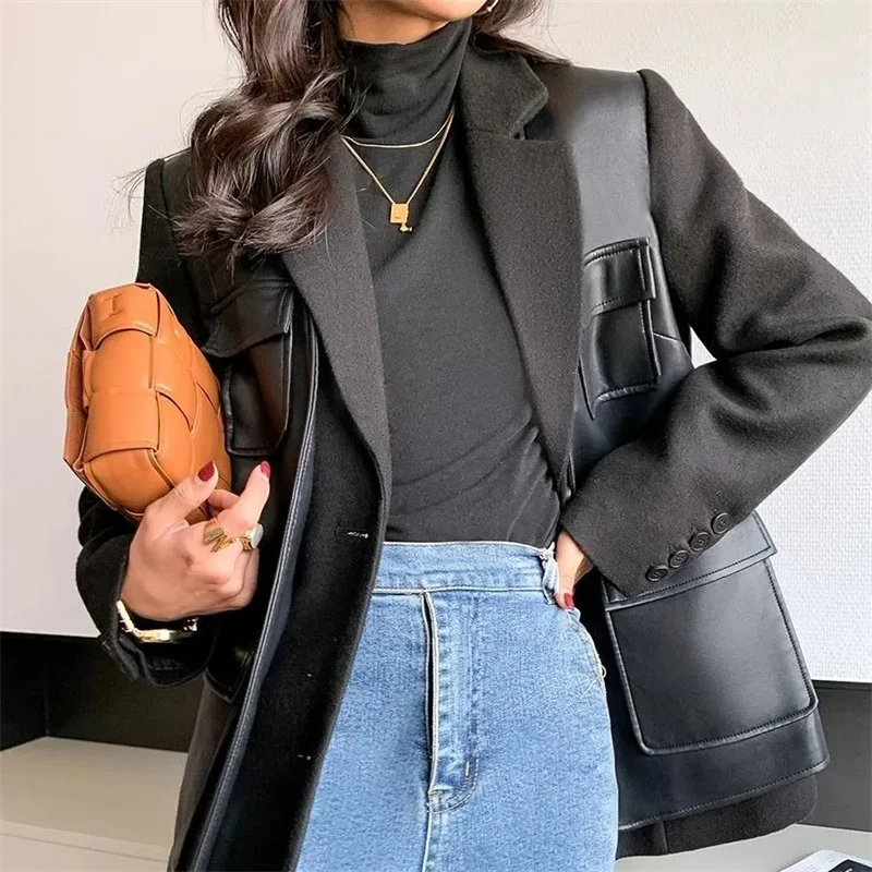 Leather Suit Jacket Women\'s 2024 Spring Autumn New Motorcycle Blazer Outwear Fashion Locomotive Pocket Leather Jacket Female