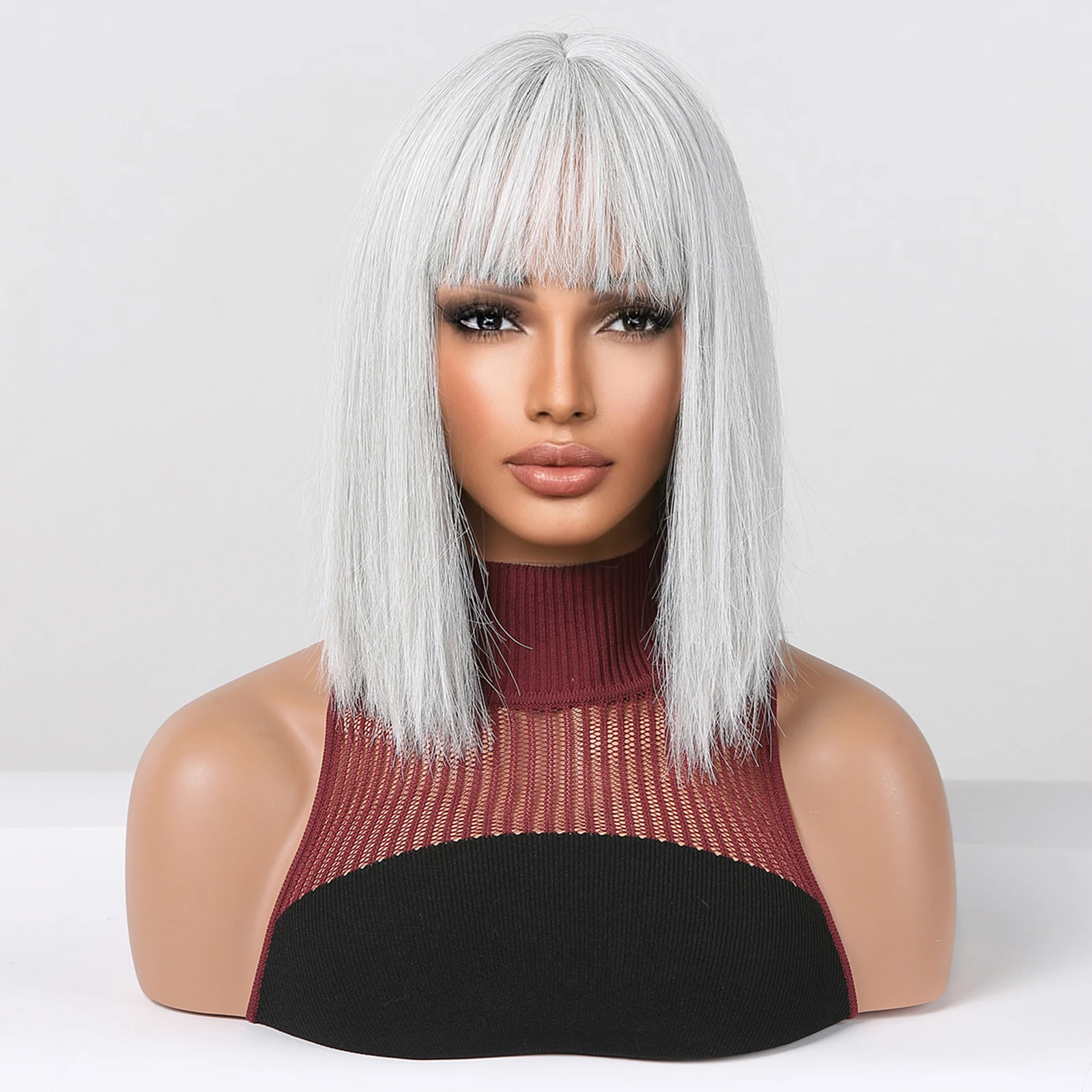 Silver Blonde Synthetic Wigs with Bangs Short Bob Silky Straight Hair Cosplay Lolita Wig High Temperature Fiber for White Women