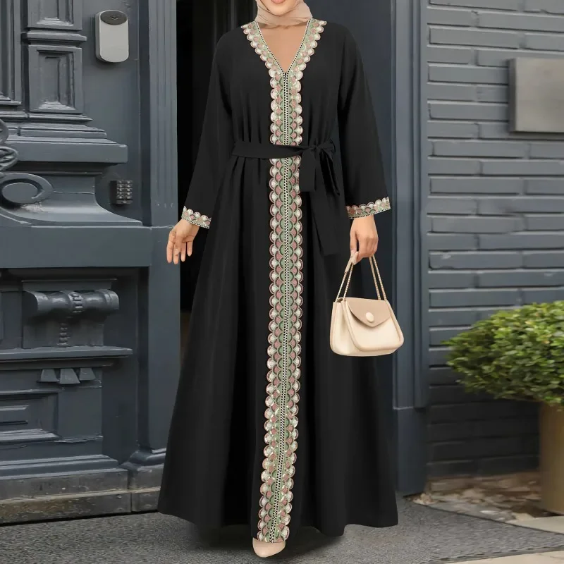 Vestido de noche elegante con cuello en V y cordones para mujer, Abaya, Dubai, Arabia, Turquía, vestido musulmán, fiesta informal