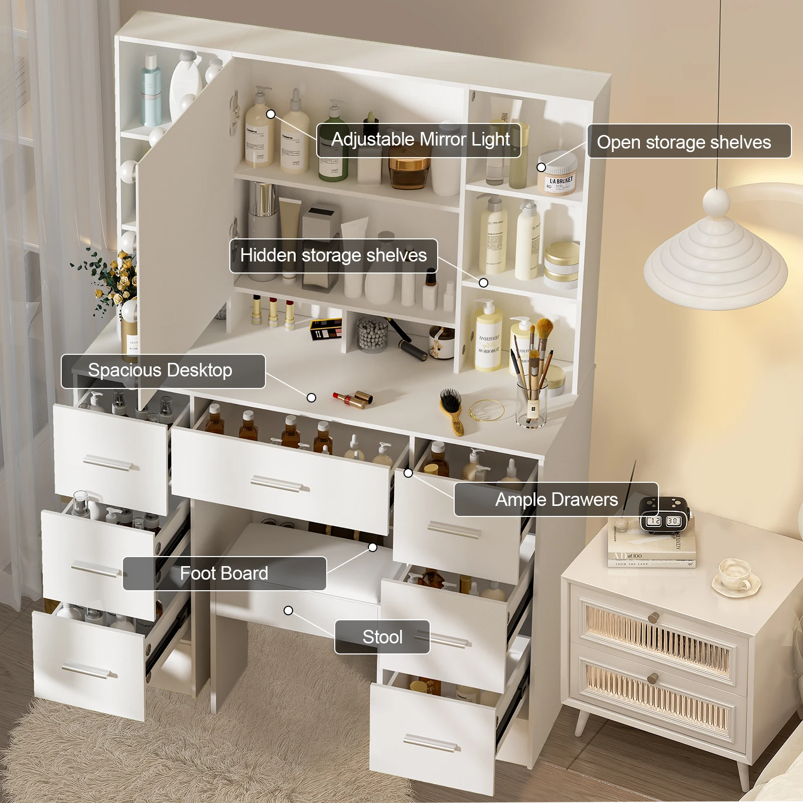 Office Furniture Now - Vanity bureauset met LED-verlichting, spiegel, make-up,