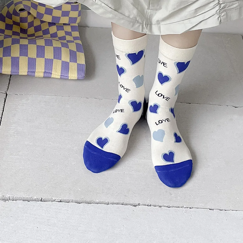 Ladies Socks Spring Summer Striped Heart Cotton Cute Casual Sock Women Breathable Blue Diamond Pattern Harajuku calcetines mujer