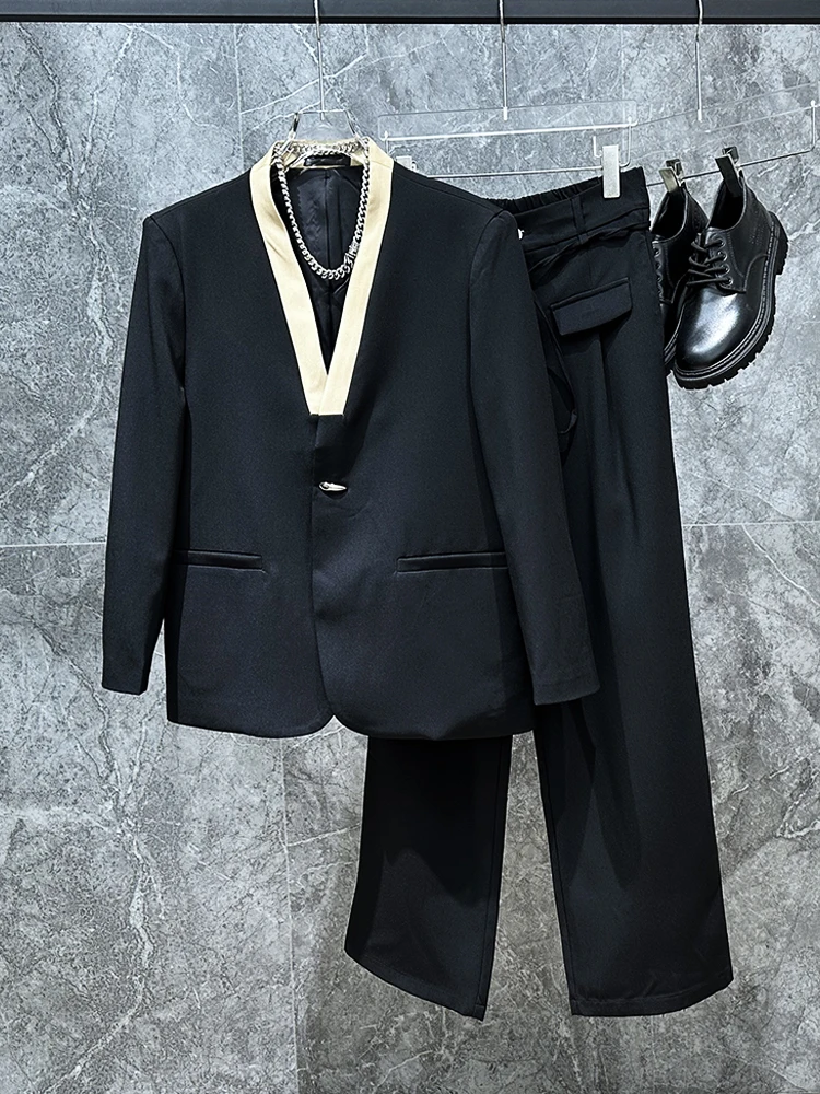 

Мужской костюм Ele V-Ne Monocomatic Color Block в корейском стиле, модный молодежный тренд, весна-осень, свободный крой, однобортный