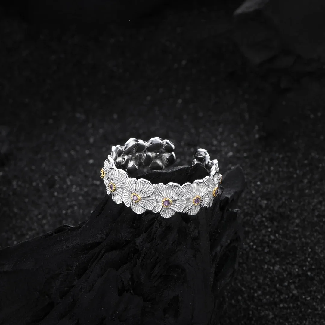 

925 Sterling Silver Retro Flower Fashionable Bright Silver Jewelry Gift for Women Suitable for Party
