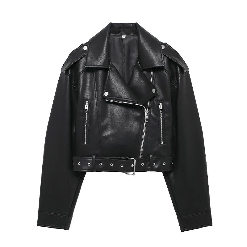 YUEYANG 2024 Autumn Women Faux Pu Leather Short Jacket with Belt Motorcycle Biker Female Zipper Lapel Loose Coat Outwear