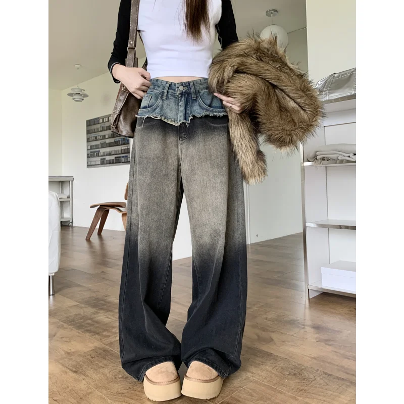 Pantalones Cargo vaqueros grises para mujer, ropa de calle de cintura alta, pantalones de pierna ancha americana, Pantalones rectos de estilo Y2K