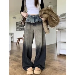 Women Grey Jeans Cargo Pants Streetwear High Waist American Wide Leg Pants Fashion Y2K Style Female Winter Straight Trousers