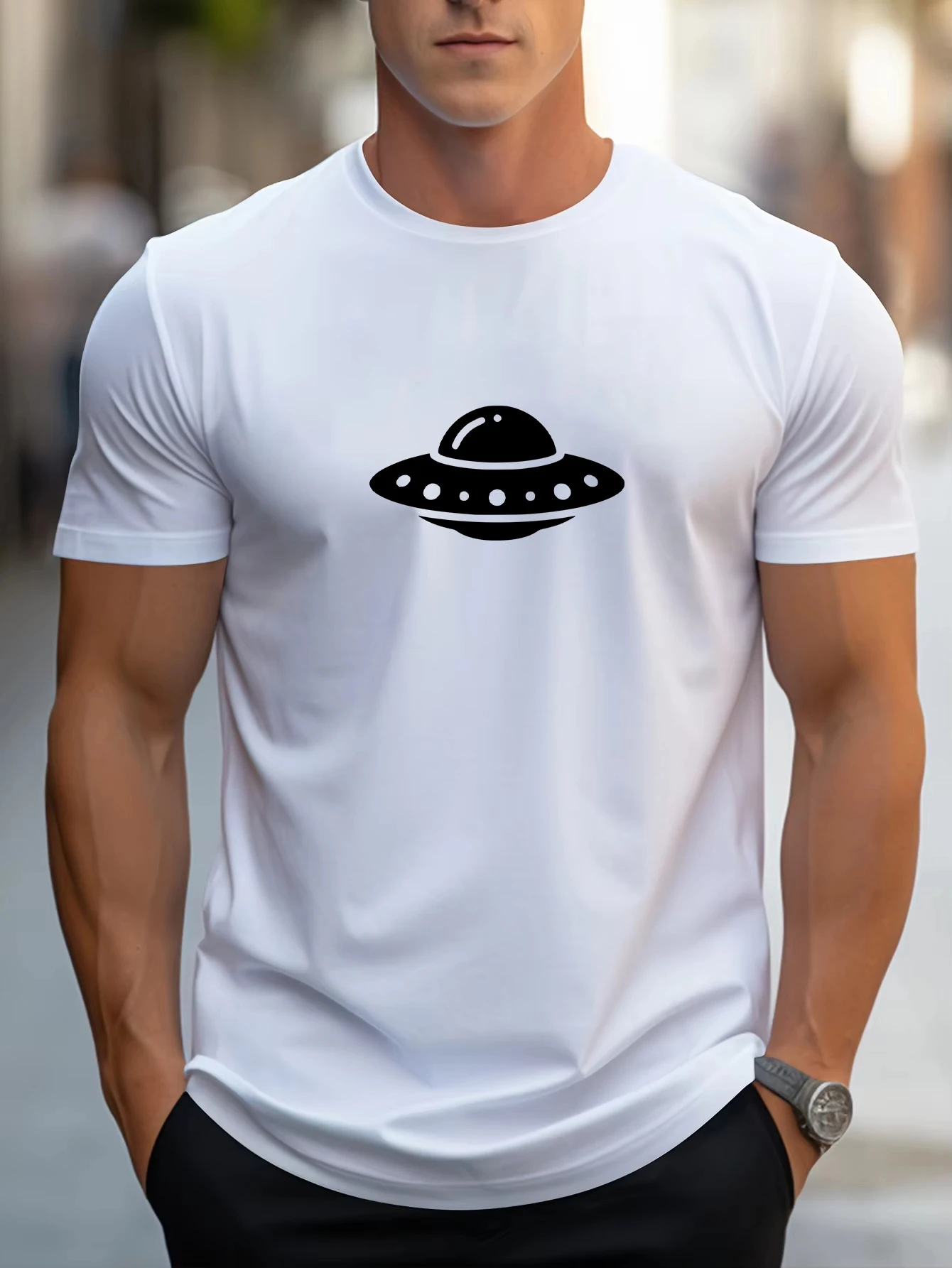 

Alien Ship Ufo Shaped Simple Print Man T-Shirt Summer Crewneck T Shirts Cotton Hip Hop Streetwear Loose All-Match Short Sleeve