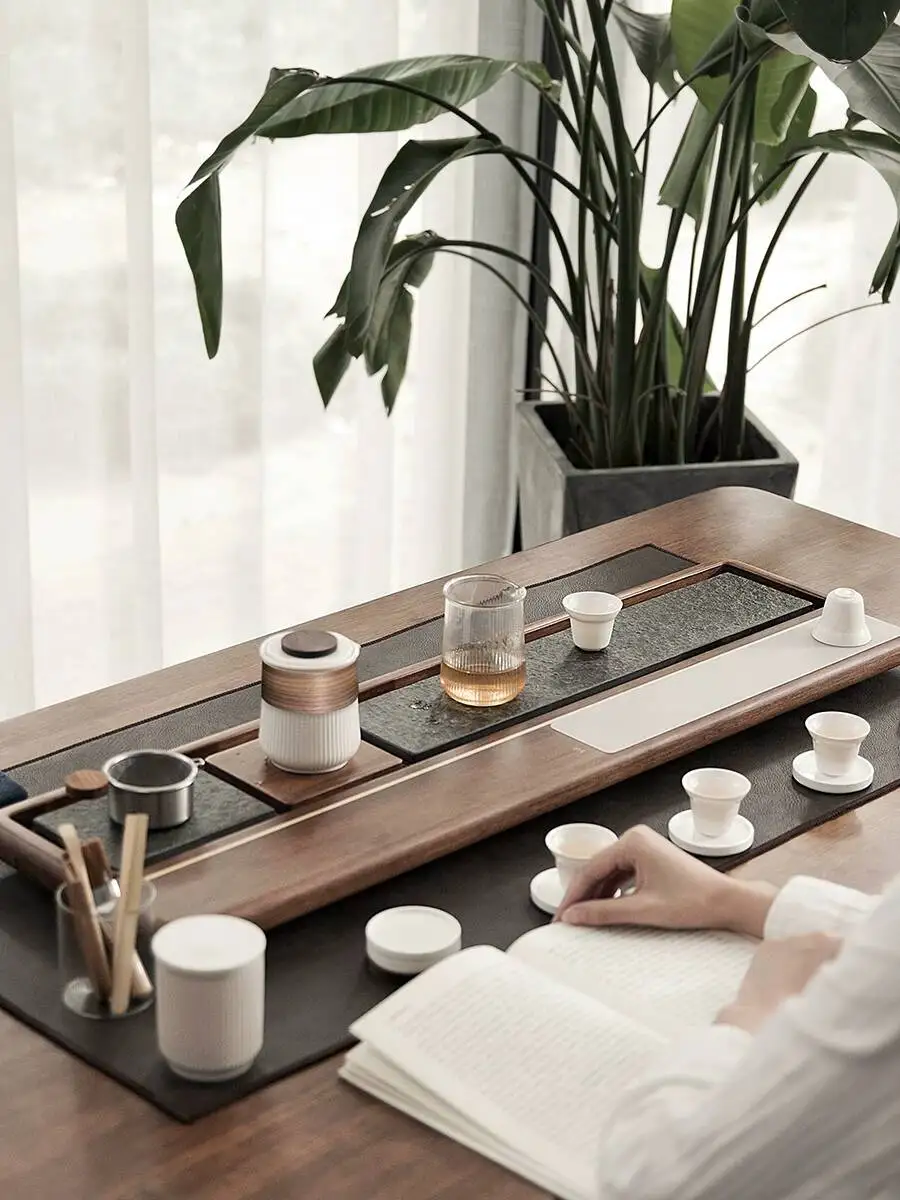 Solid Wood Tray For Home Use, Made Of Black Gold Sone, Japanese-Syle, Whole Piece Se, Simple Large Drainage-Type Tea Table