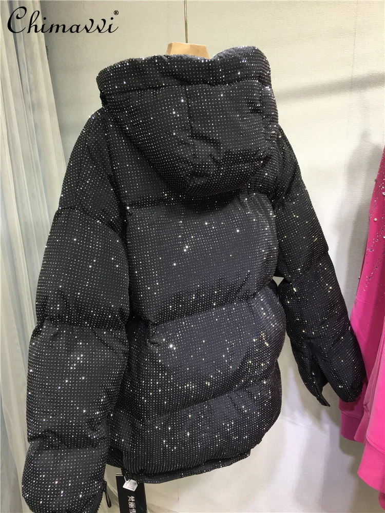 Heavy Thickened Quilted Jacket Full Diamond Hooded Coat Warm Jacket Winter New Fashion Long Sleeve Elegant Mid-length Black Coat