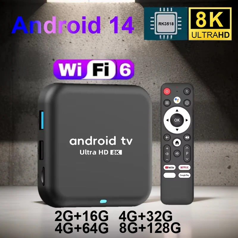 Android 14 New TV Box Q18 RK3518 Mali-450 HDR10+ Support Dual Wifi6 BT5.4 HD 4K 8K Google Voice Assistant Streaming Media Player