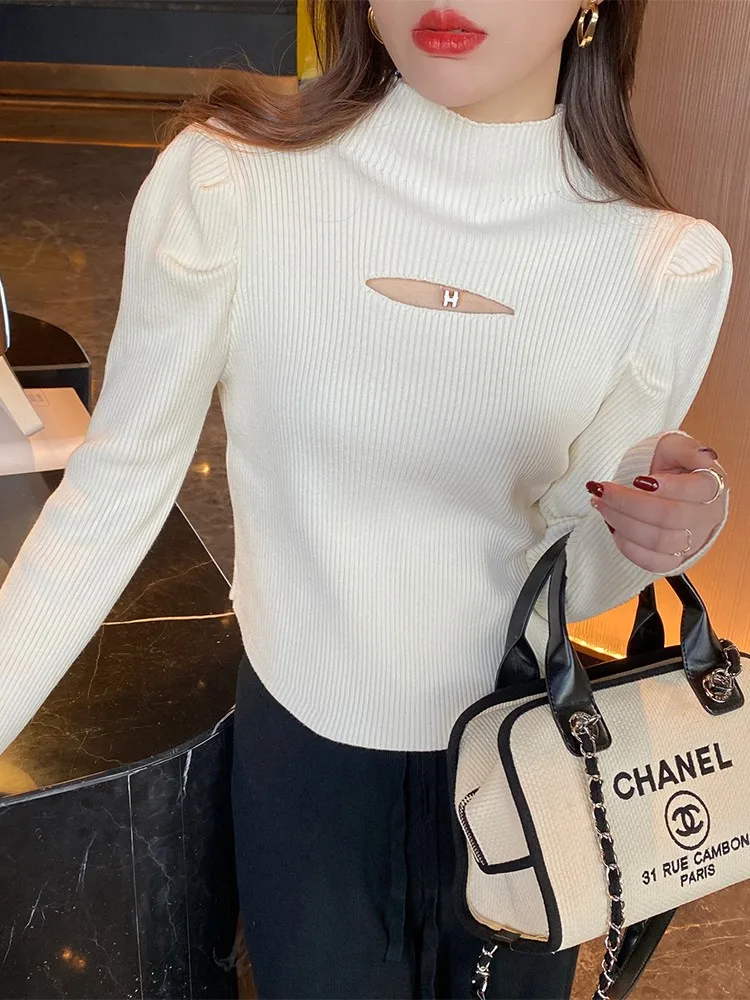 2024 Turtleneck Hollow-out Knitted Women Sweater Ribbed Pullovers Autumn Winter Basic Women Sweaters Fit Soft Warm Tops