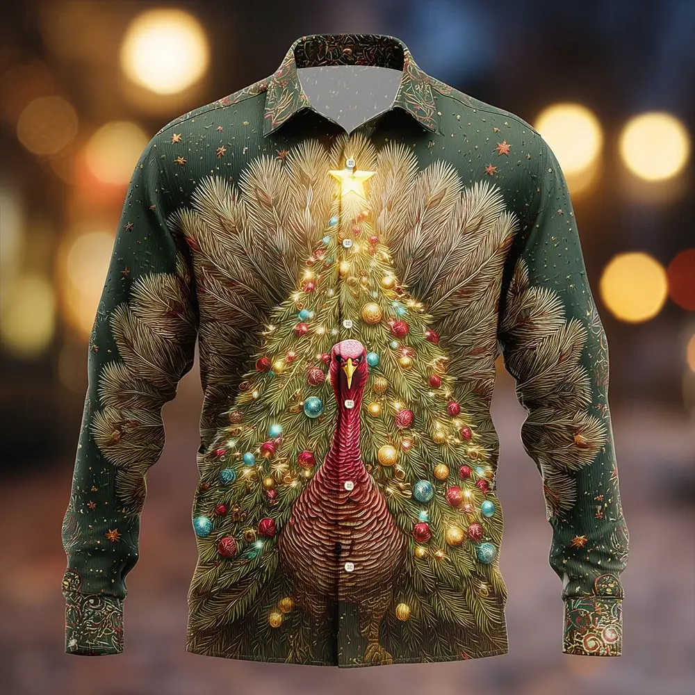 

Fun Christmas Men's Long-Sleeve Shirt with Christmas Tree and Peacock Prints, Loose Fit, Buttons for Holiday Casual Celebrations