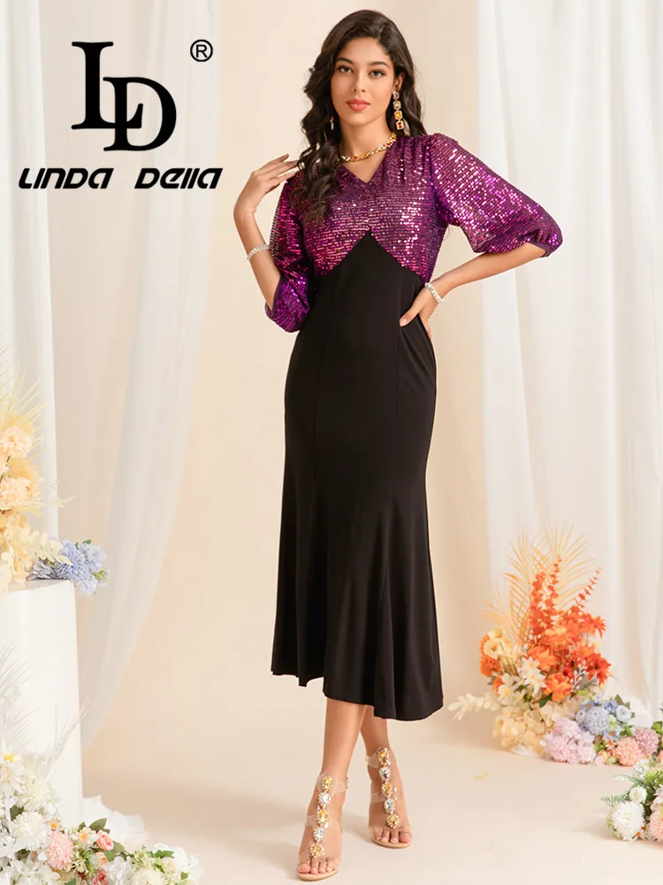 

LD LINDA DELLA European Station 2024 New Advanced Purple Sequin Splicing Bag Hip Fishtail Skirt V-neck Slim-fit Long Dress