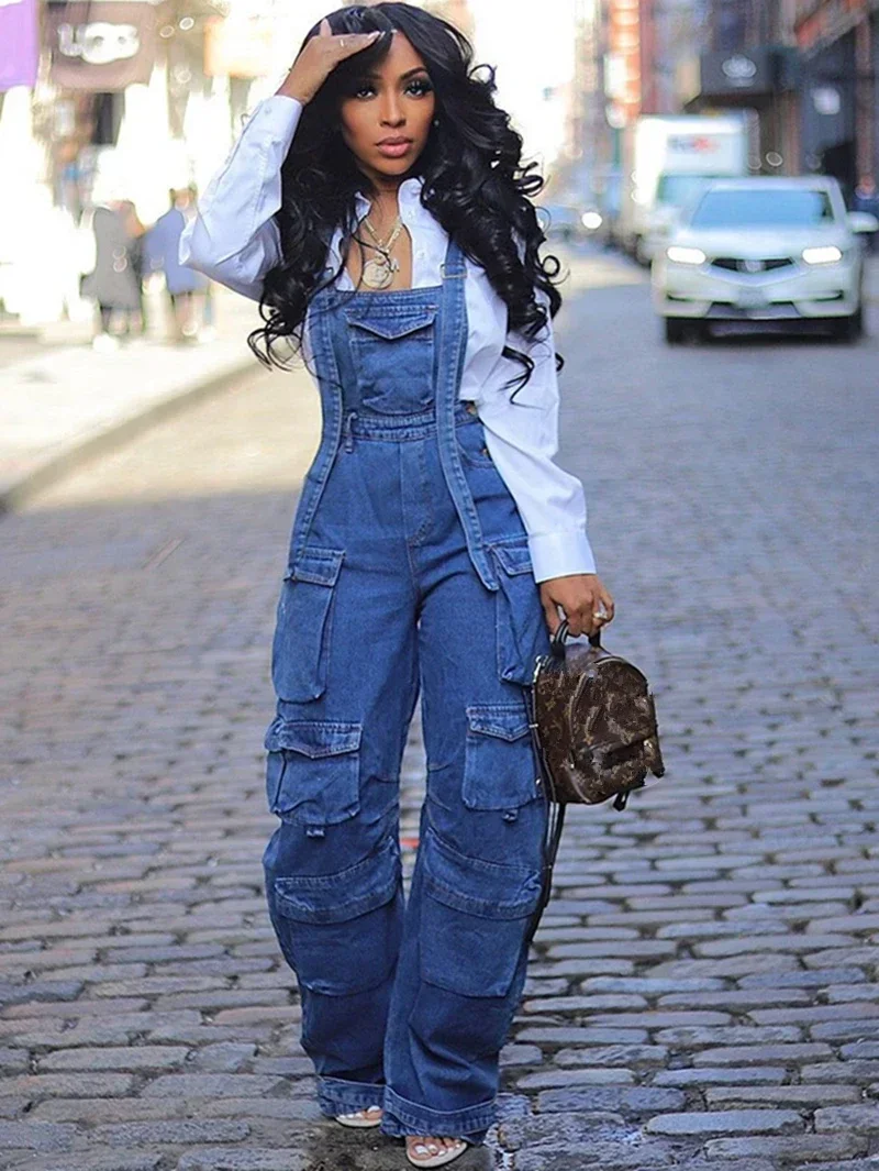 Fashion Denim Jumpsuit Fall Clothes 2024 Women Strappy Baggy Jeans Multi Pocket Jean Rompers Playsuit One Pieces Overalls Outfit