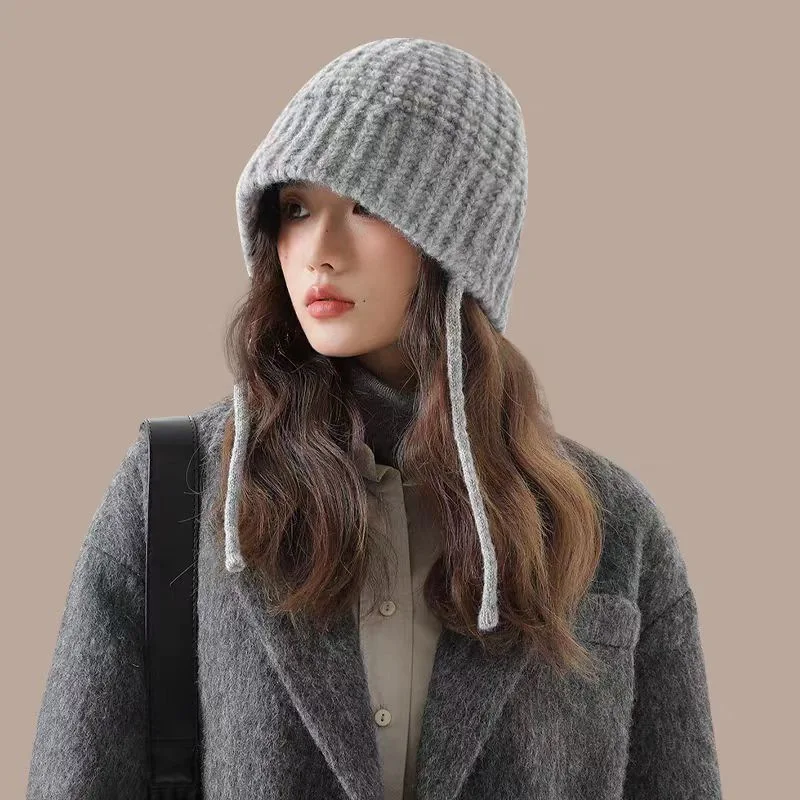 New Women Knit Bucket Hat with Ear Flap Fall Winter Slimming Face Versatile Warm Fisherman Hat Cold Proof Beanies
