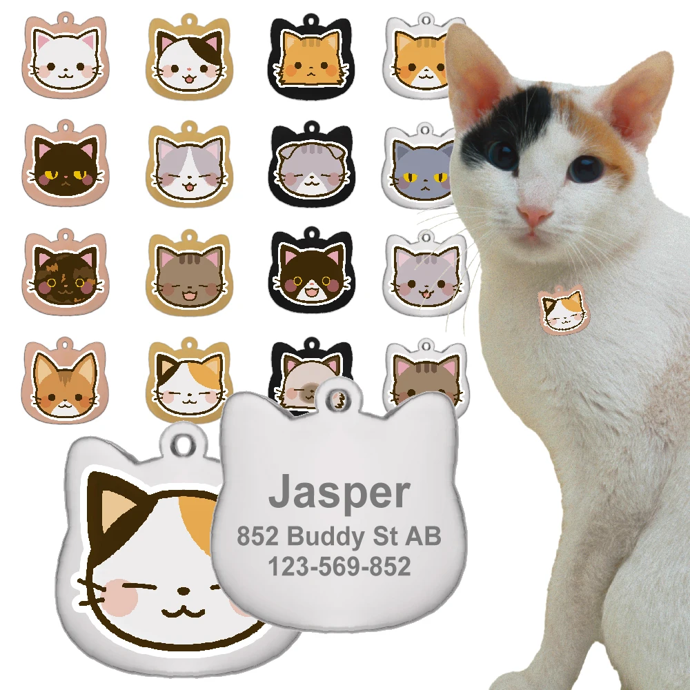 Etiquetas de gato personalizadas, diseño de colores de acero inoxidable, etiquetas de nombre de gato para mascotas, colgante, llavero grabado,