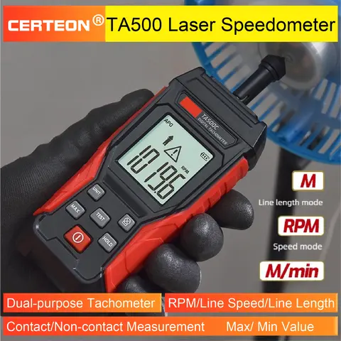 TA500C Digital Motor Tachometer Laser Contact Non-Contact RPM Meter 3-100000RPM for Electric Motor Backlit Max Min Hold