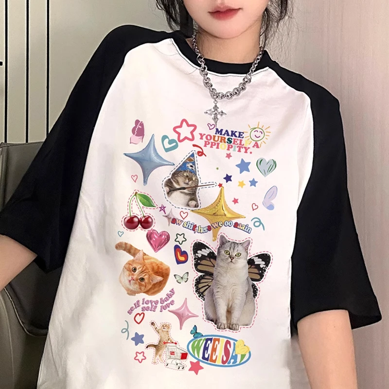 Vintage Cartoon Cats Animal Printing T Shirts Teenage Preppy Kawaii Tee American Style Summer Cotton Tops Korean Fashion Brand