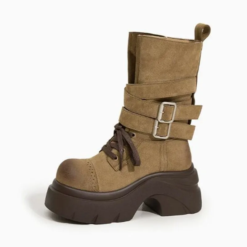 

Women's Thick-Soled Inner Heightening Mid-Calf Boots for Women New Retro Western Cowboy Boots Thick Heel Versatile Knight Shoes