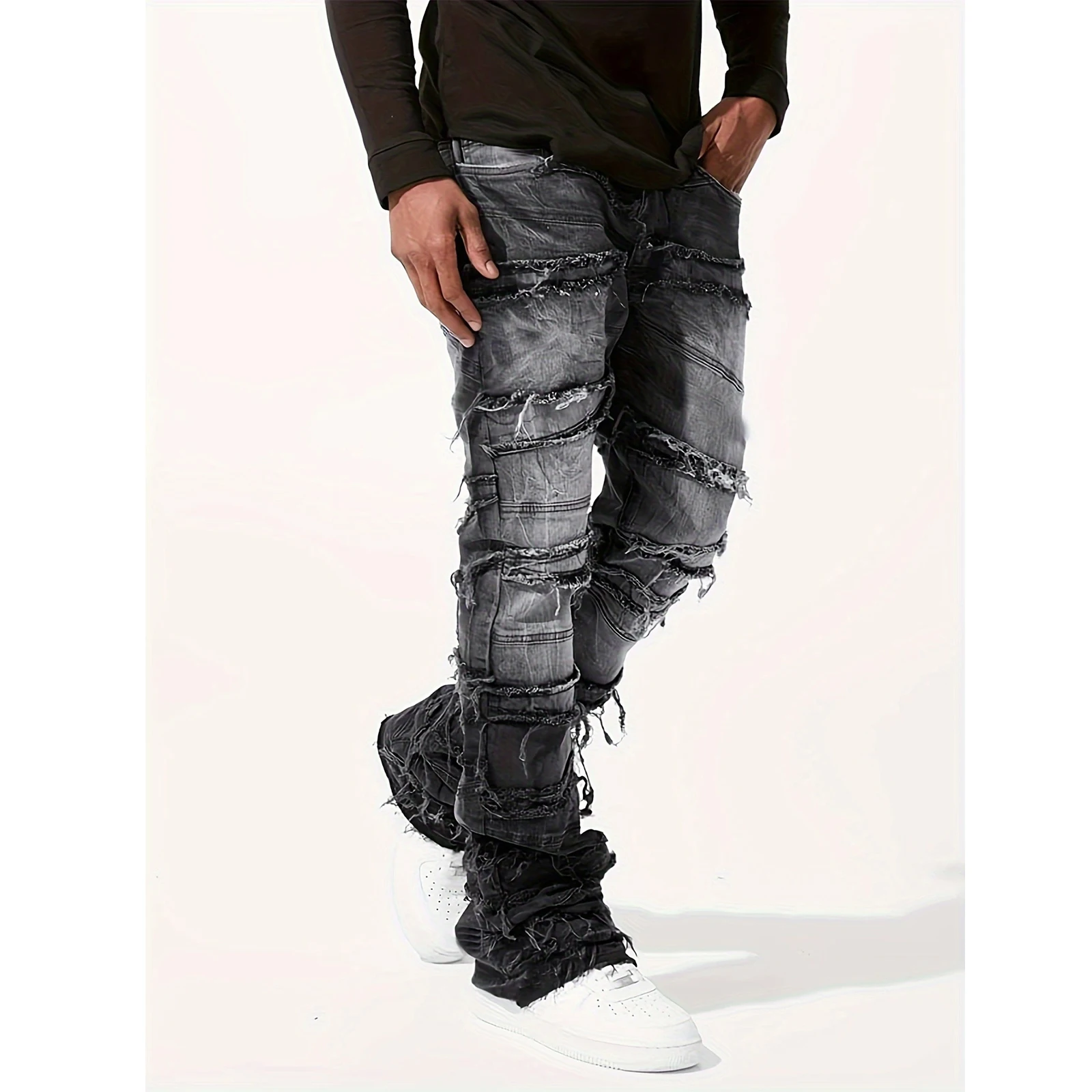 Men's Denim Pull-On Jeans Tiered Raw Trim Pockets Straight Leg Full Length Leisure Trousers Fashion Streetwear