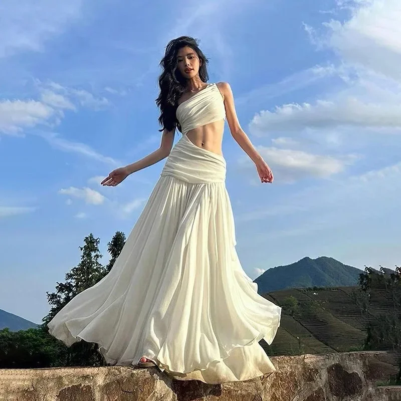 

Fdey Diagonal Collar White Travel Holiday Dress For Woman Summer Sleeveless Cut Out Long Dresses Lady Bodycon Skinny Vestidos
