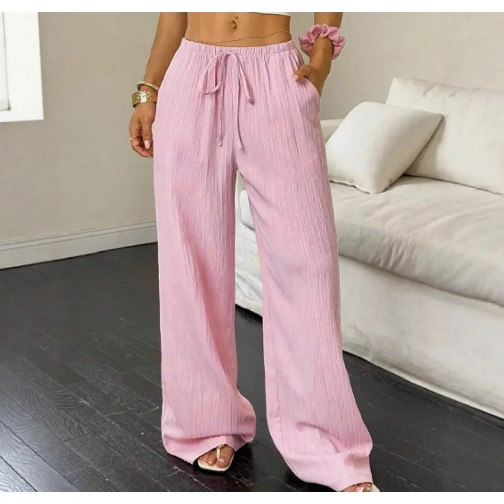 New Hot Selling Women's Summer Early Autumn Casual Solid Color Texture Fabric Knotted Waist Slanted Pocket Wide Leg Pants Cheap