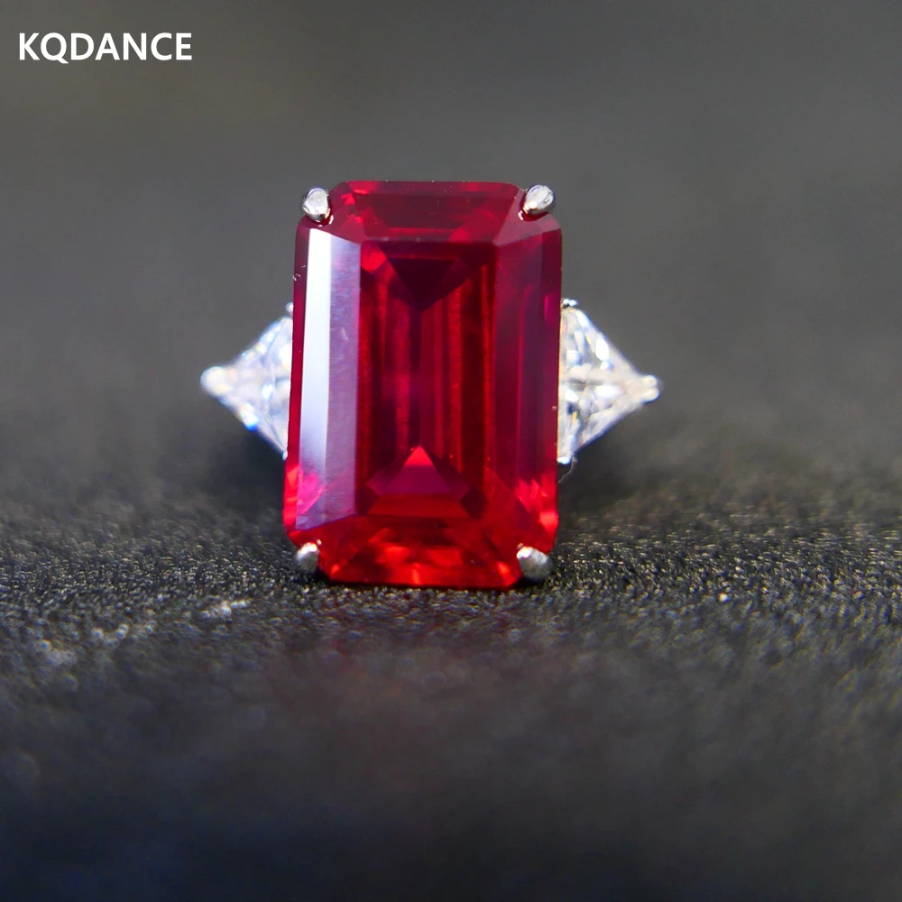 KQDANCE 925 Sterling Silver Rectangle Lab 12*18mm Ruby Gemstone High Carbon Diamond Ring With Big Red Stone Fine Jewelry Women