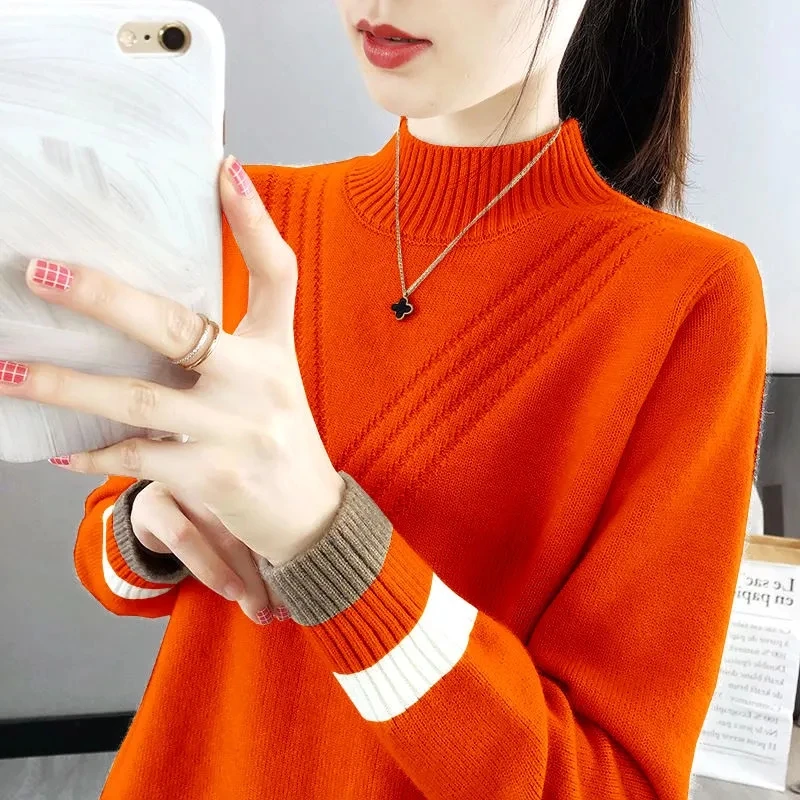 Autumn Winter New Korean Warm Half High Collar Knitted Sweater Women Oversized Casual Fashion Pullovers Loose Button Female Tops