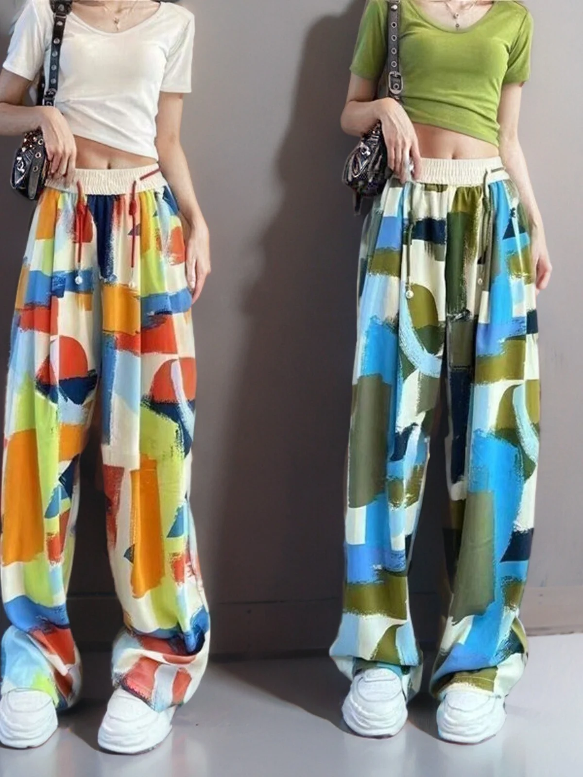 

Новые летние женские брюки из ледяного шелка с широкими штанинами, тонкие, свободные, прямые, из шифона с принтом, повседневные пляжные брюки с высокой талией, длинные