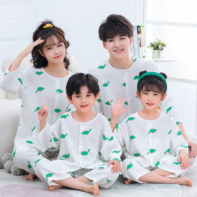 Boys Girls Summer Homewear Family Matching Set Clothes Dad Son Outfits Pajamas Mum Girl Muslin Cotton Shirt Tops+Pants 2PC