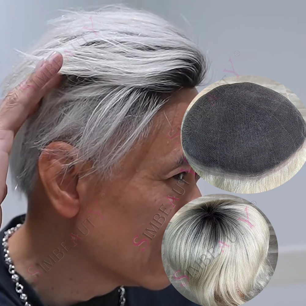 

60R# 613# Ombre Platinum Blonde Hair System Full Swiss Lace Hairpiece Undetectable Breathable Human Hair Durable Toupee Mens Wig