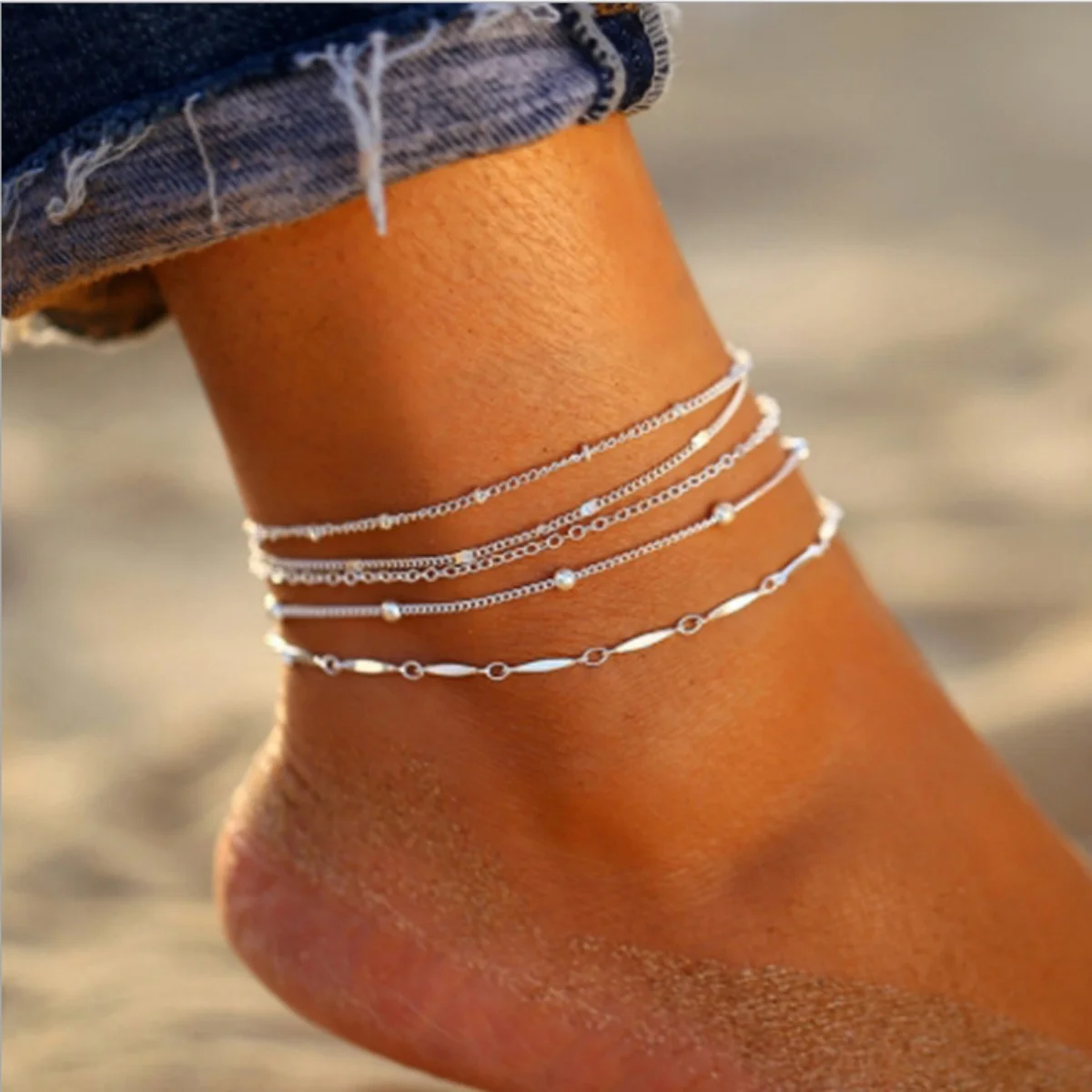 

Bohemian Multi Layer Anklet Set For Women Sparkling Thin Chain Cross Pendant Bracelet On Leg Foot Summer Beach Trendy Jewelry