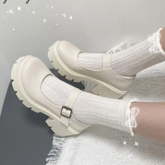 white mary jane Lolita shoes Japanese Students JK Female High Heel Uniform College Girl Shoes Platform shoes Mary Jane Vintage