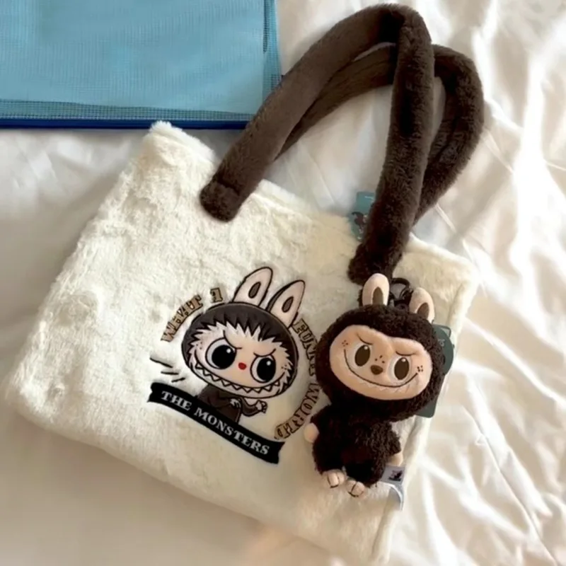 Hot Labubu School Bag Cartoon Embroidery Soft Plush Tote Bag Shopper Bag Shoulder Bags For Women Cute Birthday Gifts No Pendants